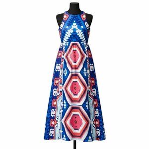 CK Bradley Diddle Halter Maxi Dress M Blue Coral Geometric Palm Beach Preppy